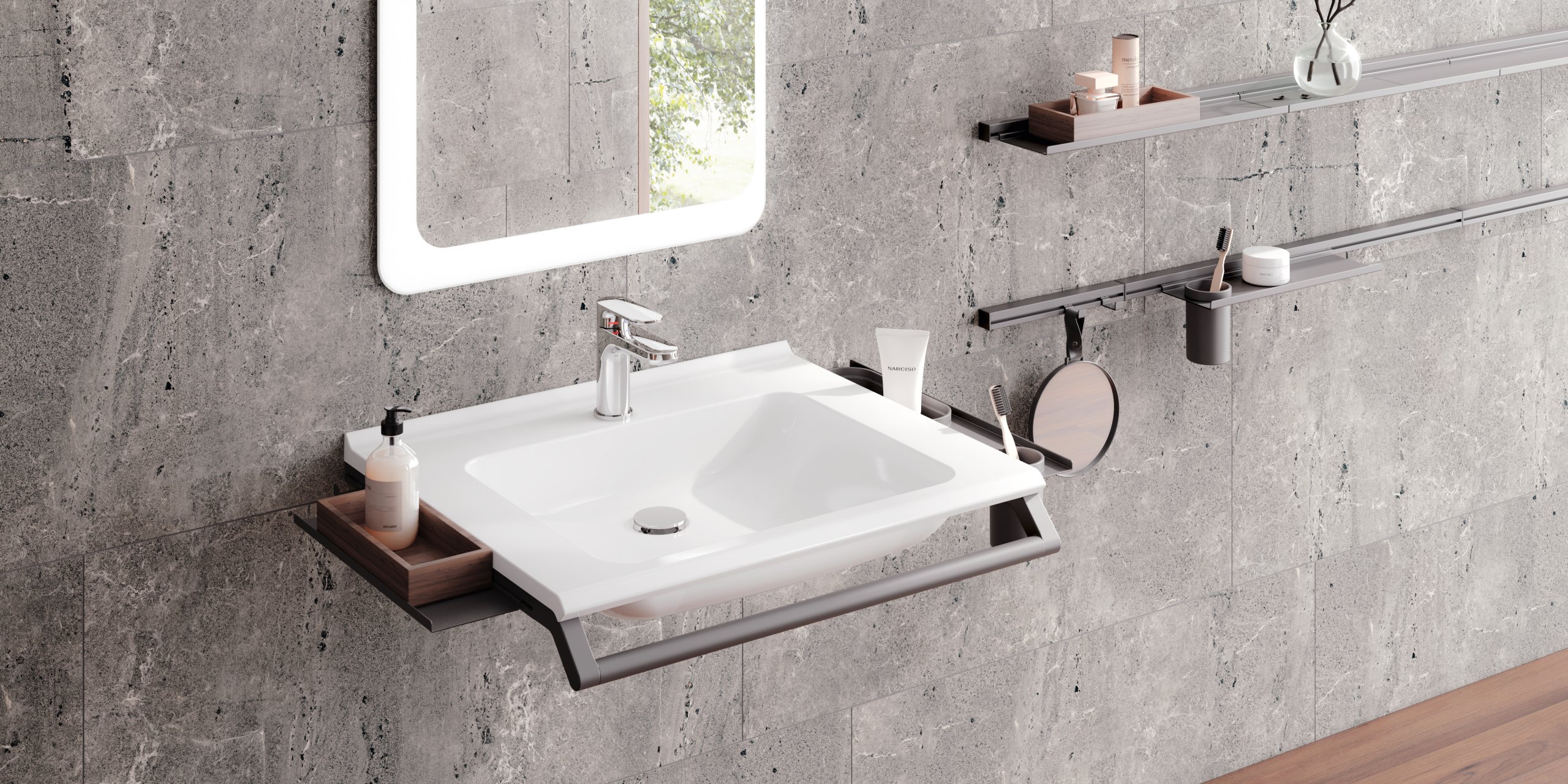 Modular washbasin with grab rail and shelves for bathroom utensils in dark grey matt stainless steel