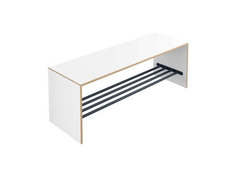 White wooden bench with tubular steel shoe rack underneath in matt anthracite colour